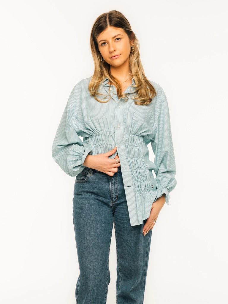Alma Shirt (Green & White Pinstripe)