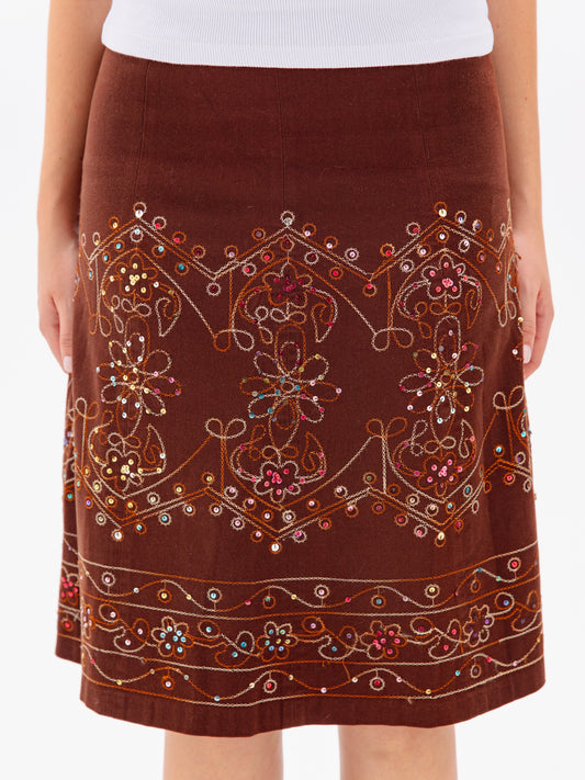 Vintage Katies Brown Skirt With Colourful Detailing