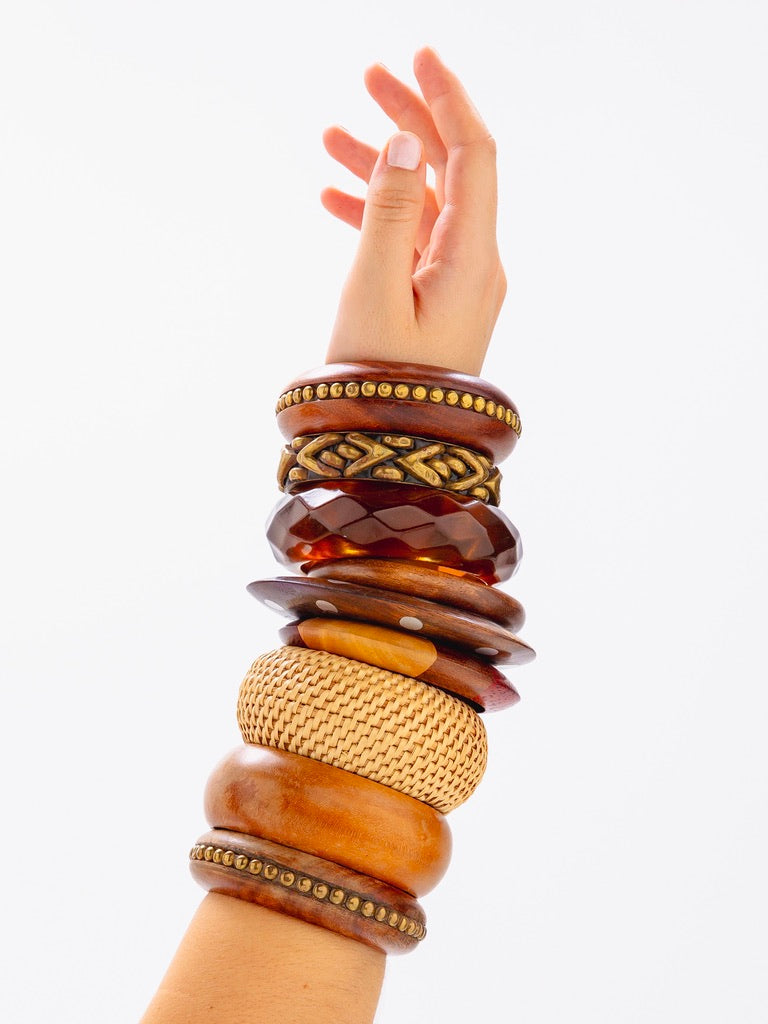Light Brown Wooden Bangle With Brass Detailing