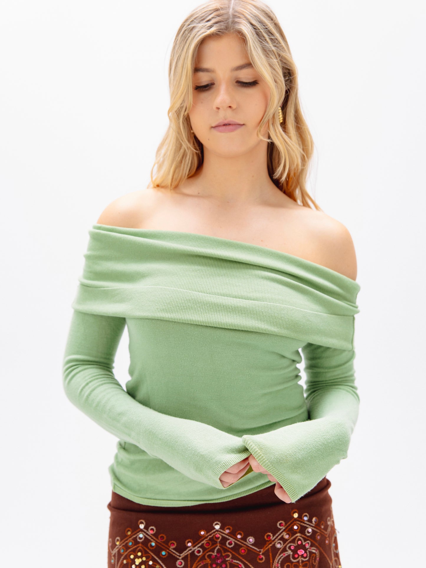 Off-The-Shoulder Pistachio Green Long Sleeve