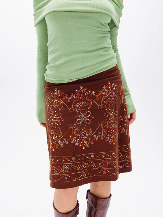 Vintage Katies Brown Skirt With Colourful Detailing