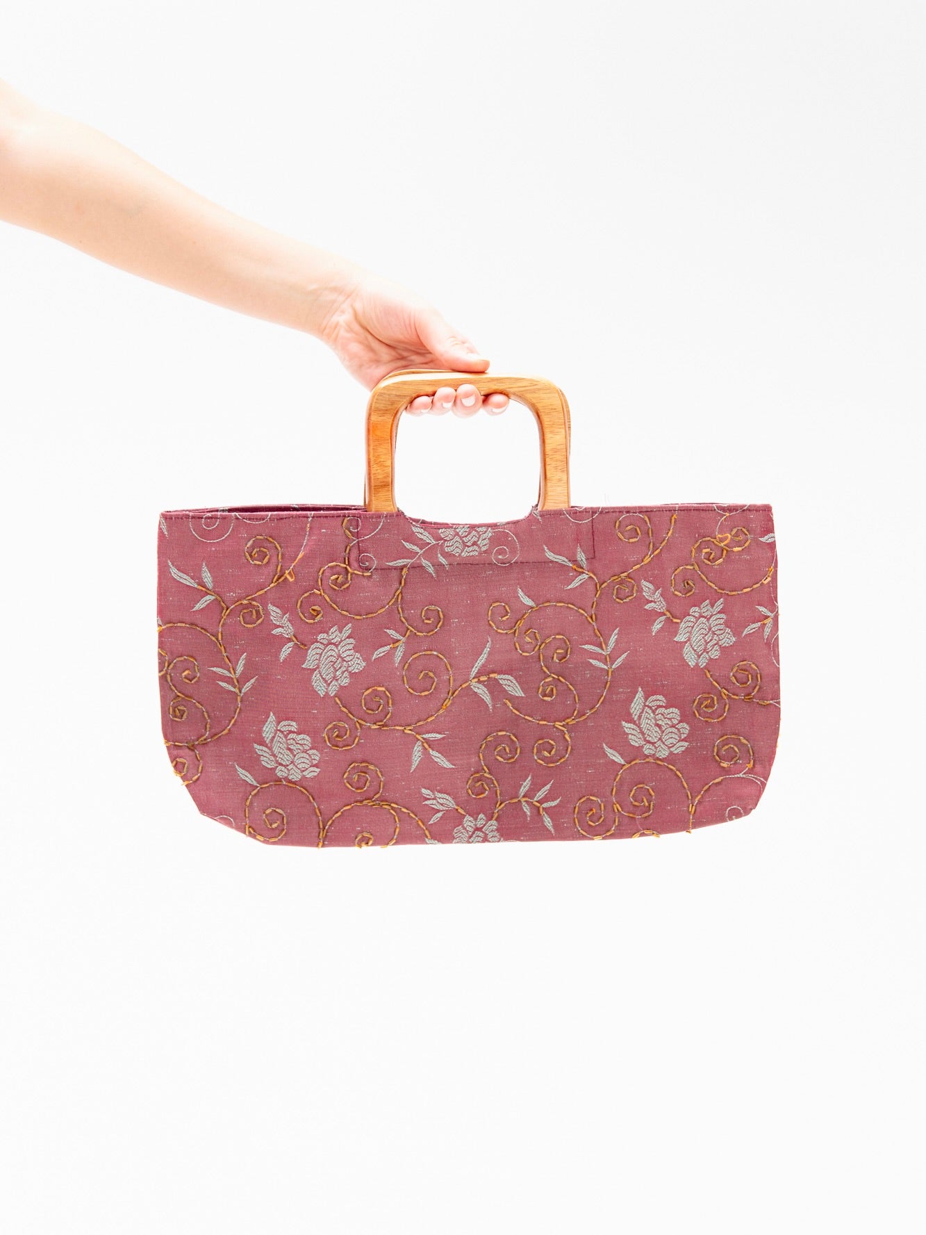 Mauve Rectangular Handbag With Floral and Wooden Detailing