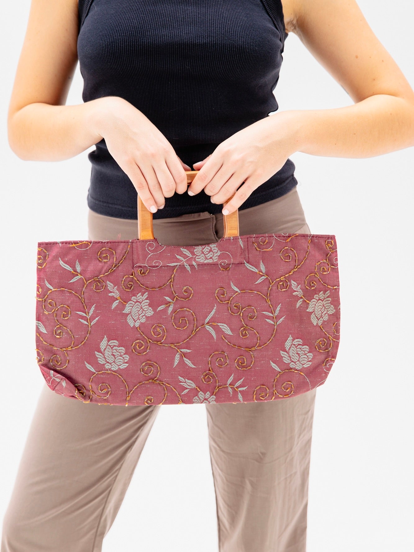 Mauve Rectangular Handbag With Floral and Wooden Detailing