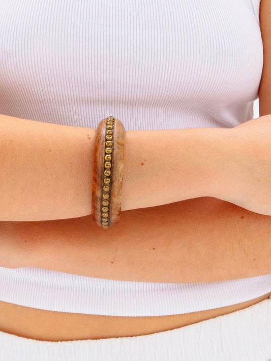 Light Brown Wooden Bangle With Brass Detailing